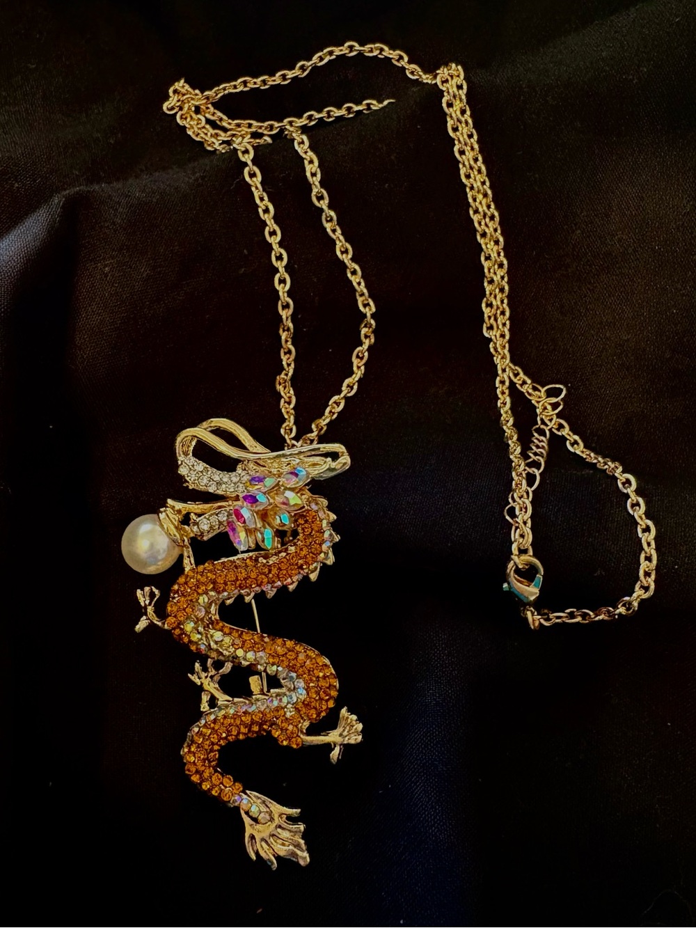 Gold Dragon Pendant Necklace with Pearl Accent - Women Jewelry